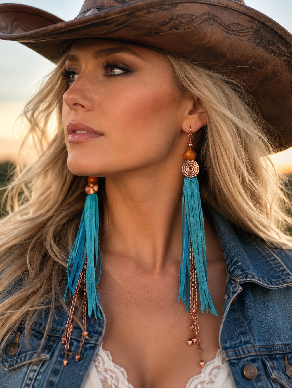 Natural Jasper And Genuine Turquoise Blue Leather Fringe And Copper Artisan